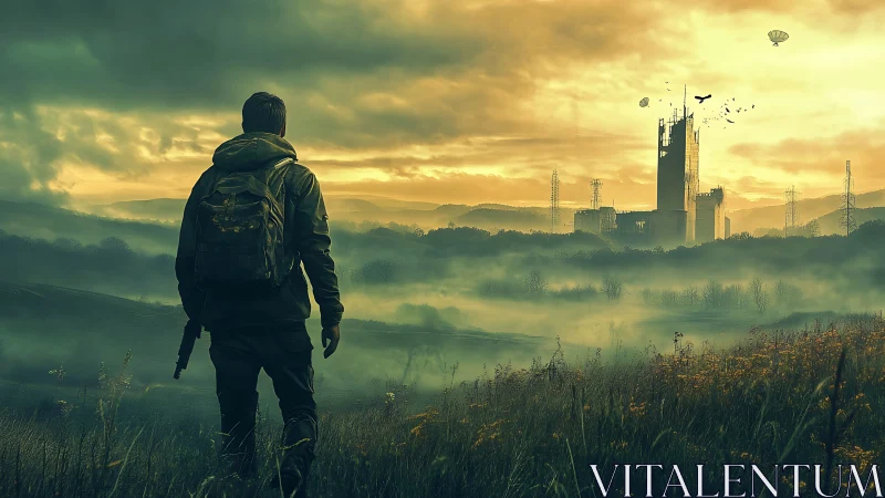 Lone figure observing distant industrial complex at dawn.