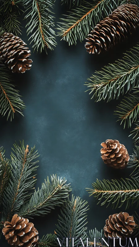 Evergreen branches frame pinecones on deep teal background.