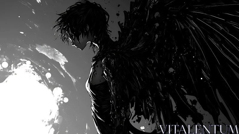 Silhouette of winged figure in stark monochrome profile.