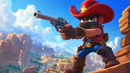 Cartoon outlaw gunslinger aiming revolver in vivid canyon.