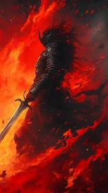 Armored dark knight in infernal red flame environment.
