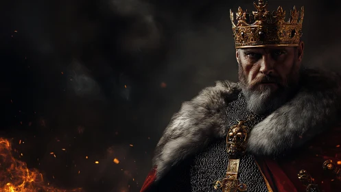 Medieval crowned ruler in armor with fur cloak, side-lit.