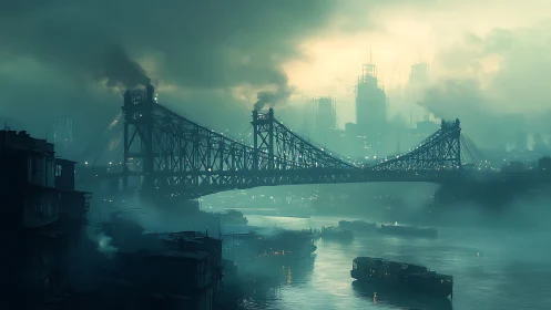 Fog-drenched industrial bridge spans dystopian riverside skyline