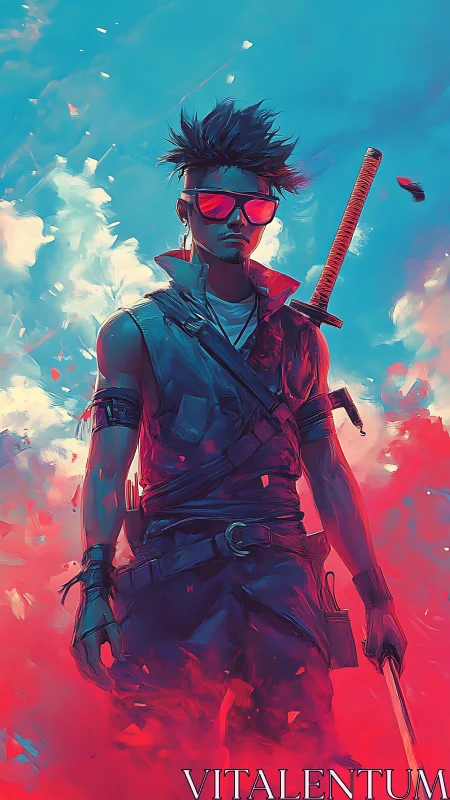 Neon warrior stands in drifting red smoke under cyan sky