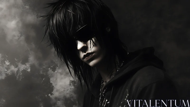 Dark-clad figure with long hair is shown in side-lit portrait