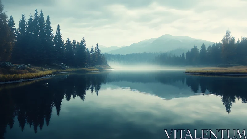 Mist-drunk mountain lake cradling pine-dark reflections.