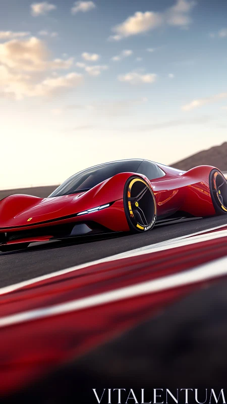 Red futuristic hypercar hugs racetrack under warm sky