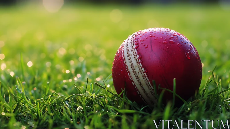 Red cricket ball on wet green grass in soft sunrise light.