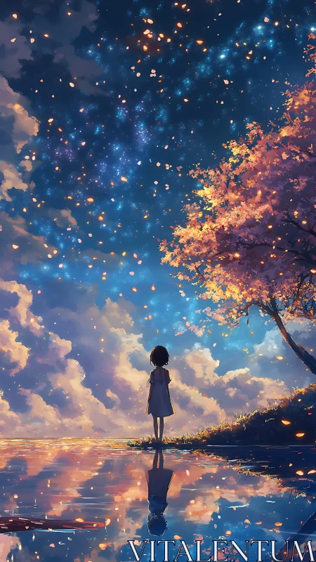 Stargazing girl beneath petal skies and mirrored twilight.