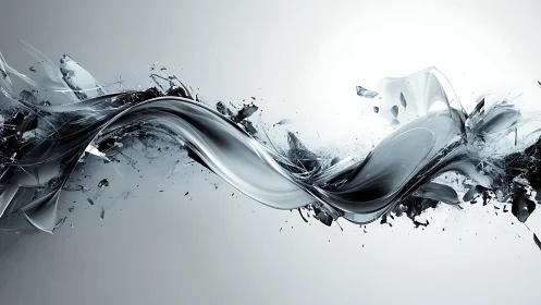 Abstract metallic wave with shattered glass in digital art style.