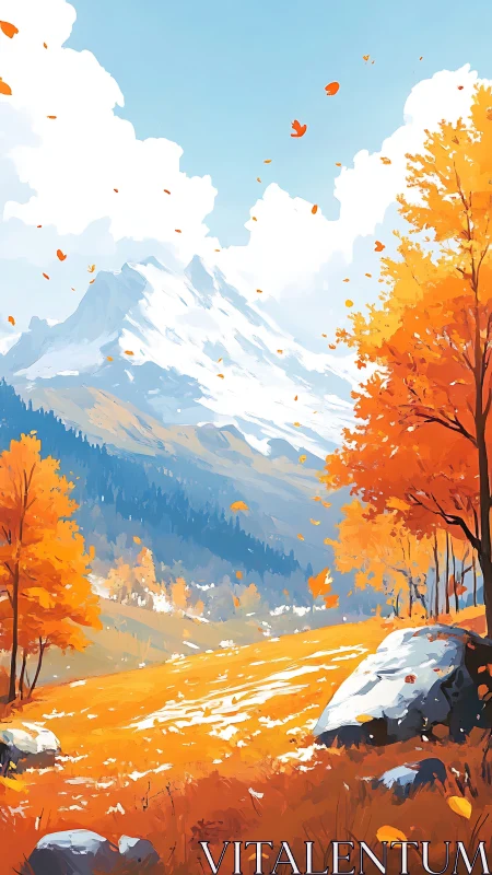 Golden autumn valley opens toward bright snowcapped peaks
