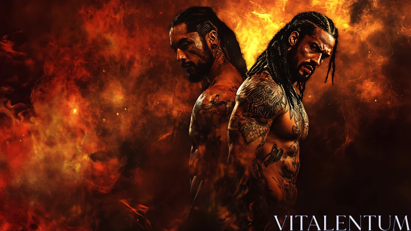 Tattooed warriors framed by blazing inferno backdrop.