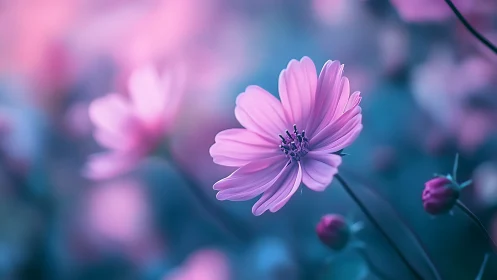 Pink cosmos flower in soft focus bokeh light. Delicate petals.
