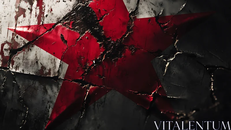 Fragmented metallic red star with corroded surface fissures.