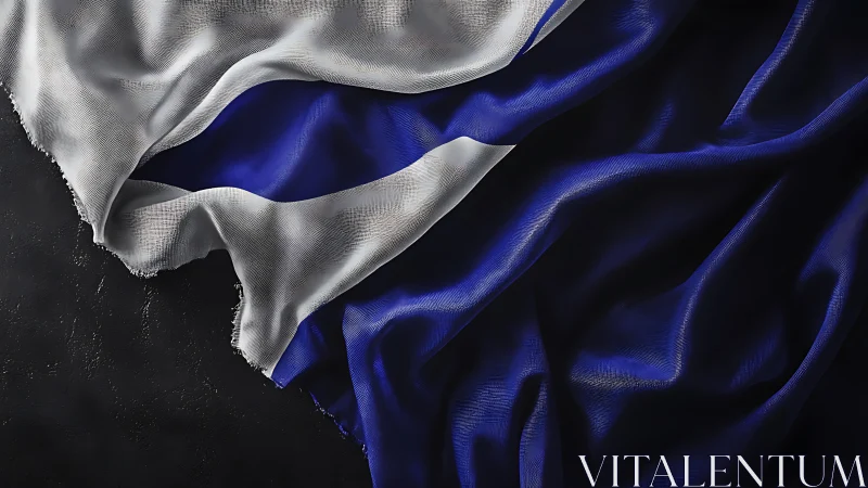 Silk tide of blue and white curling over dark stone.