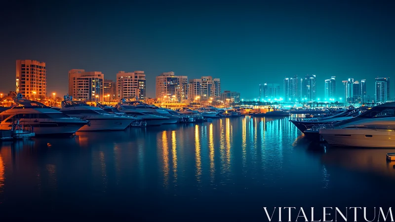Night marina skyline with high-rise towers and reflective neon lighting