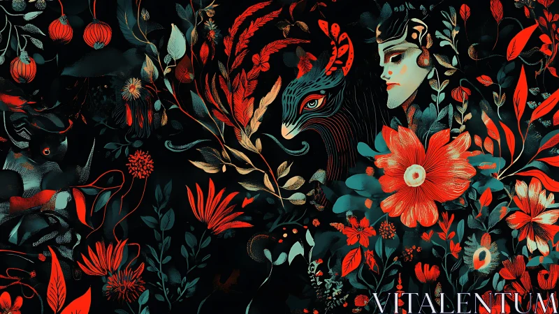 Mythic figure and spirit creature emerge in dense floral night