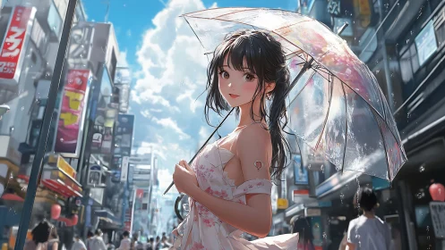 Rain-kissed city stroll with luminous umbrella dream.