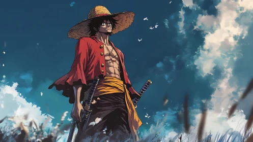 Straw hat swordsman in windswept field under dramatic sky