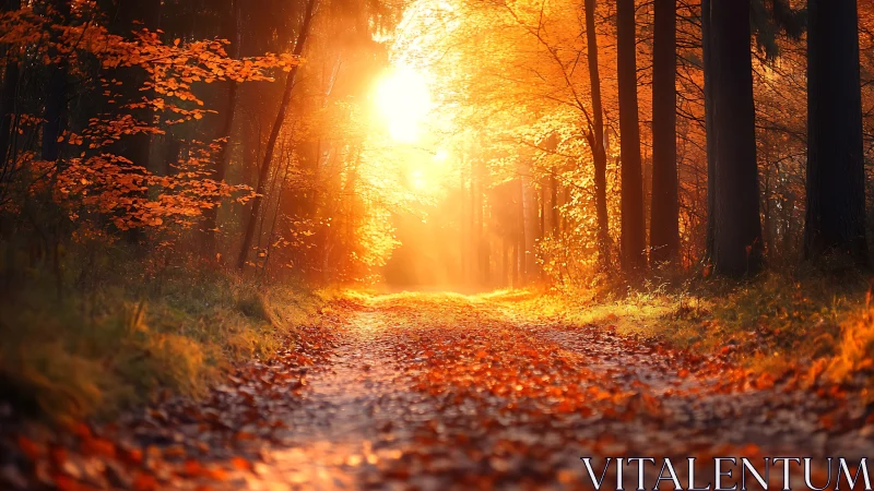 Golden forest path glowing with soft autumn morning light.
