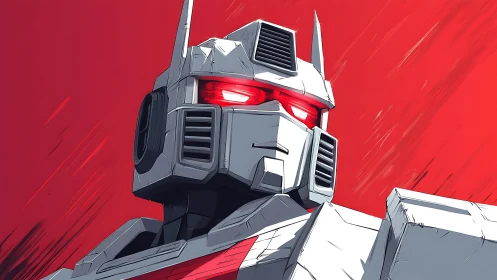 Stoic battle robot gazes ahead against a blazing red sky