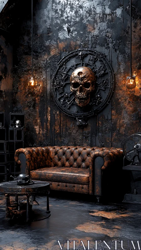 Rust‑kissed skull lounge in molten industrial midnight glow.