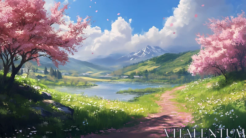 Blossom-kissed valley trail winding toward silver peaks.