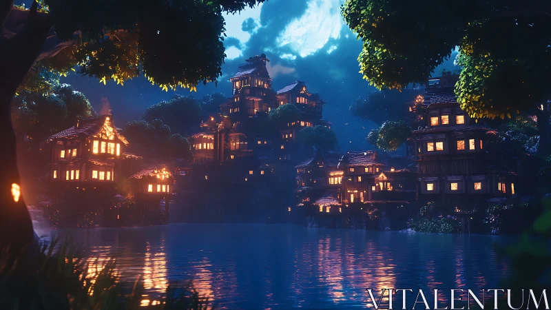 Digital painting of terraced lakeside village at moonlit dusk.