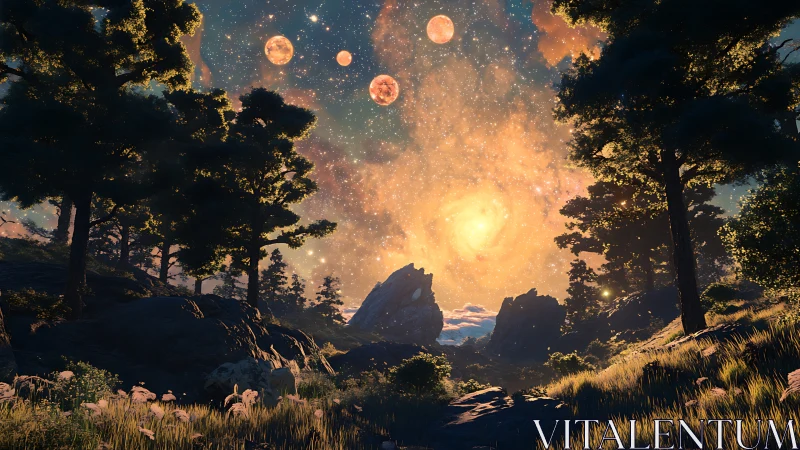 Starlit forest gateway under swirling cosmic sunrise.