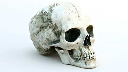Realistic human skull on white background, detailed digital art.