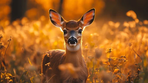 Young deer stands in sharp focus against golden bokeh field