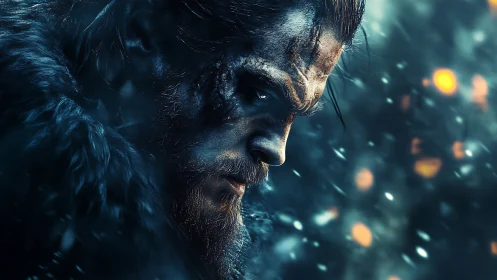 Storm-hardened warrior gazes ahead with fierce winter resolve