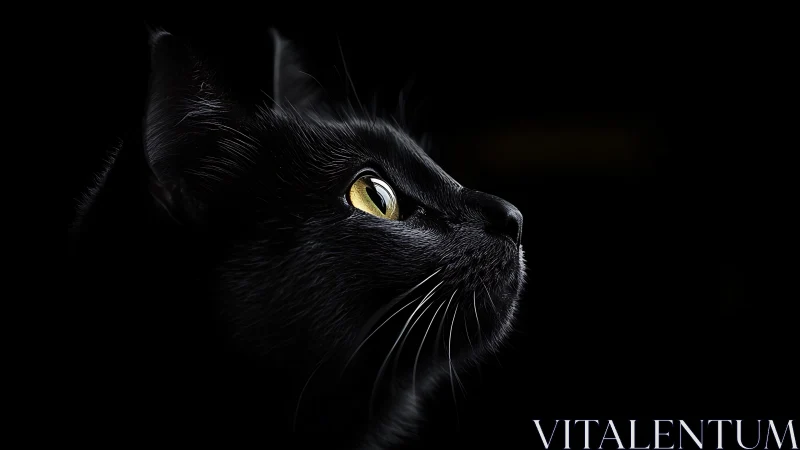 Black cat profile with golden eyes against dark background