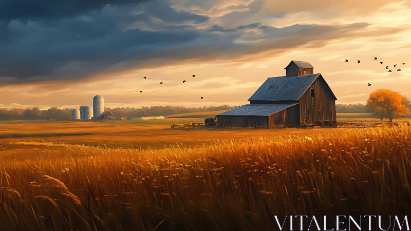 Golden hour agricultural landscape renders a rustic barn