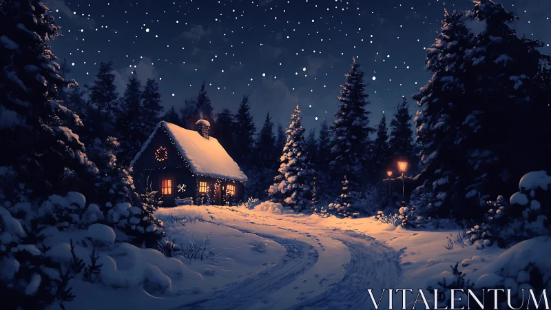 Digital painting of cozy cabin in snowy nocturne forest scene.