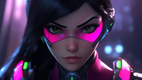 Cybernetic neon operative with luminous visor gaze precision.