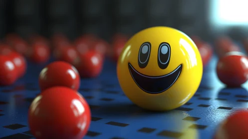 Yellow emoticon sphere among red spheres on blue grid.