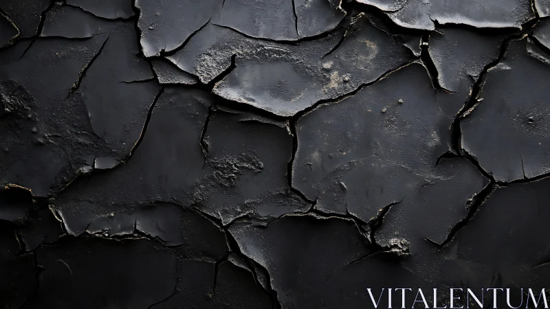 Cracked matte black surface reveals layered tectonic textures
