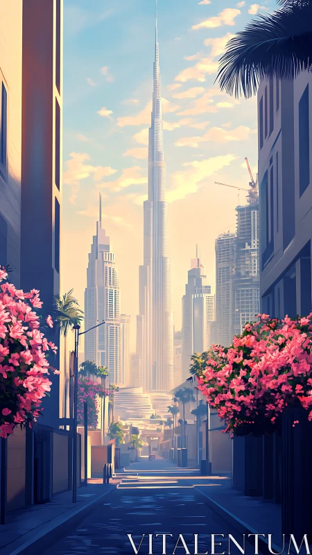 Bougainvillea-lined street quietly crowns a sunrise skyline