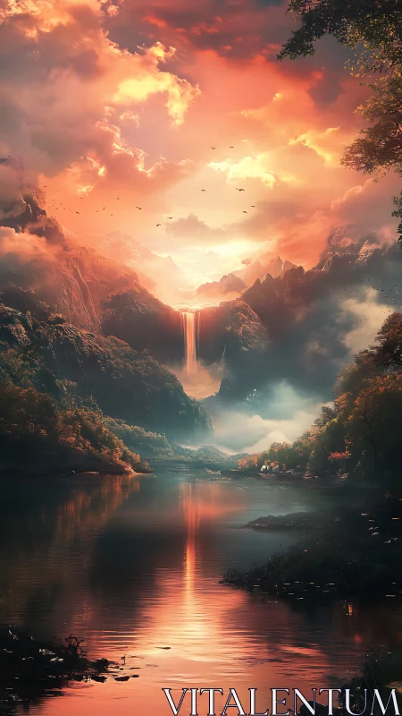 Sunforge waterfall ignites a twilight valley in flame-lit mist.
