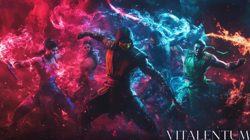 Five armed fighters amid red and blue elemental energy fields.