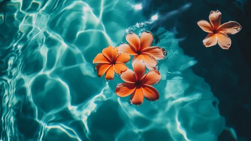Floating Orange Plumerias Suspended in Turquoise Water with Dynamic Light Patterns.