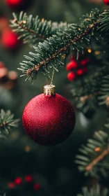 Crimson Christmas bauble softly glowing on evergreen branch.
