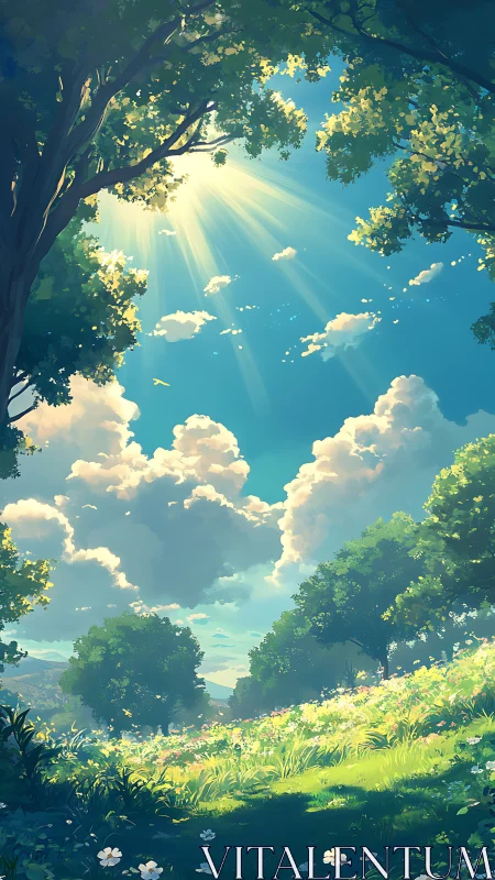 Sunlit meadow under tall trees and drifting clouds.