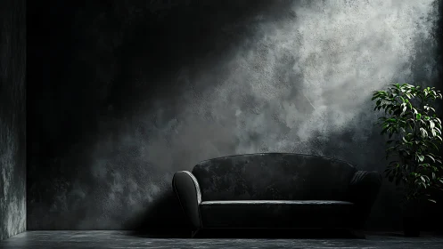 Dark minimalist sofa rests beneath moody textured wall
