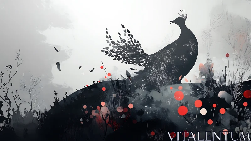 Silhouetted peafowl form over abstract misted landscape.