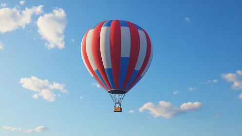 Striped hot air balloon drifts calmly through open sky.