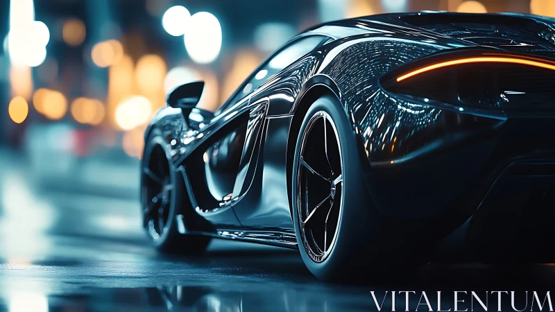 Sleek black supercar parked on wet neon city street.