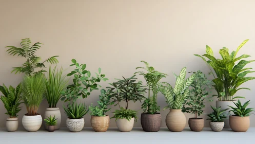 Row of assorted indoor potted plants against plain wall.