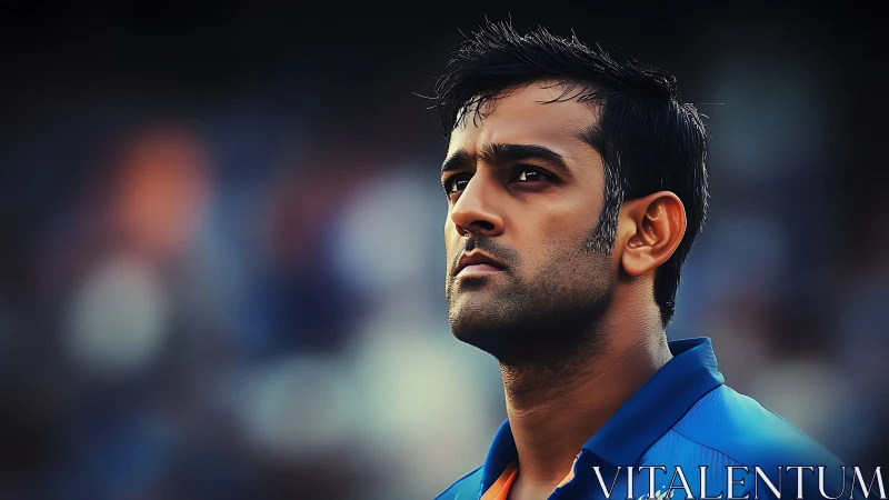 Male athlete in blue sports jersey, medium close-up portrait.